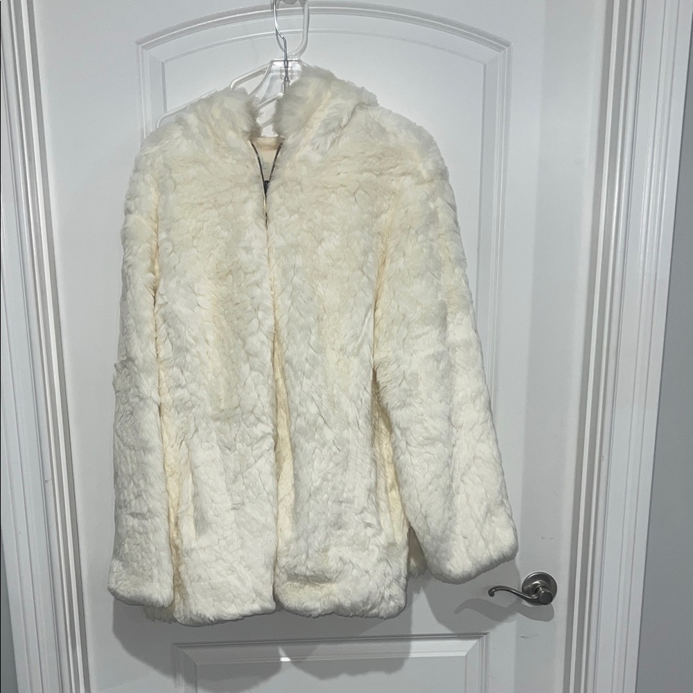 Catherines Heavy Faux Fur Cream Hooded Dress Coat - Plus Size